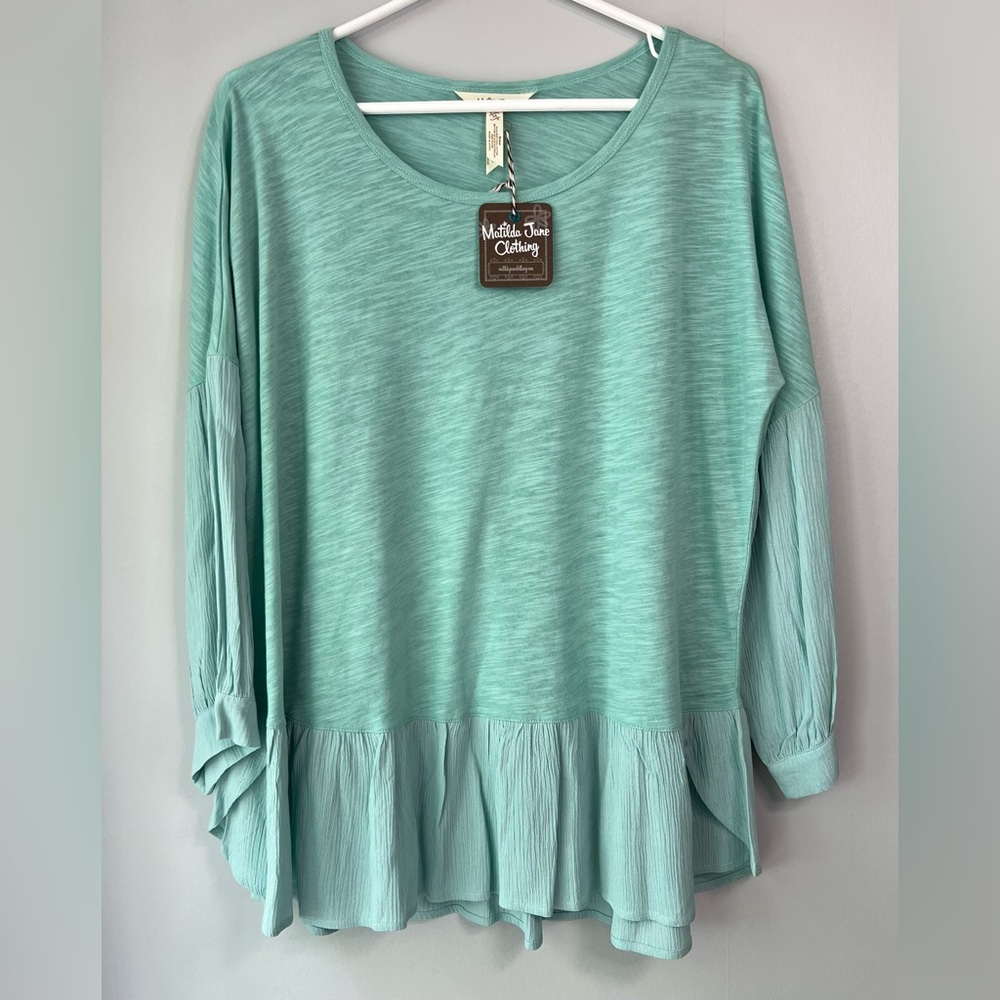 NEW! Matilda Jane 3/4 Sleeve Ruffle Top Misty Teal Women’s Shirt Size Medium